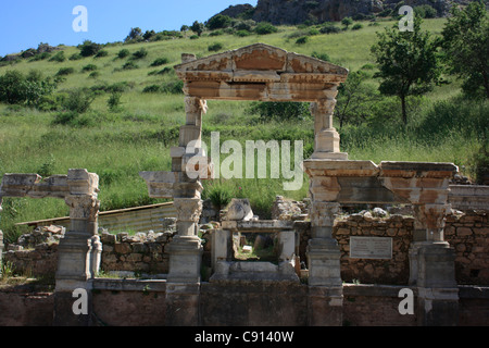 The Trajan fountain is one of the ancient Roman sites at Ephesus in the Temple of Hadrian. Tunisia. Stock Photo