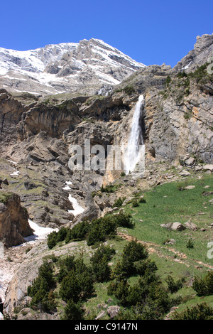 The Valle de Pineta is a glacial valley and cirque or natural bowl in the mountain landscape of the Hautes Pyrenees near Stock Photo