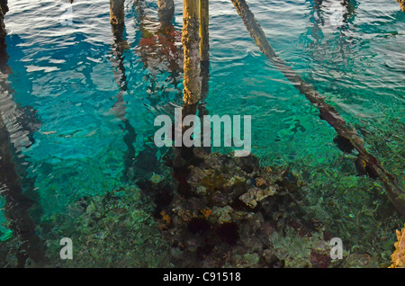 Blue water under pier at Kri Eco Resort, Raja Ampat islands of Western Papua in the Pacific Ocean, Indonesia. Stock Photo