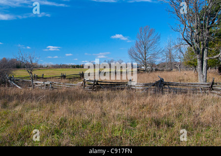 Split-rail fences and farm fields on Manitoulin Island, Ontario.. Stock Photo