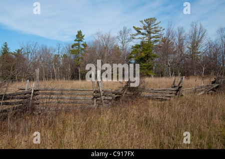 Split-rail fences and farm fields on Manitoulin Island, Ontario.. Stock Photo