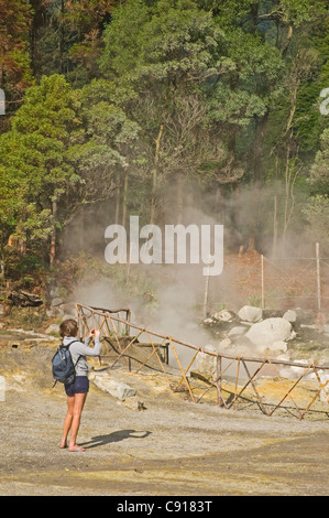 There are hot thermal springs and mud pools at Lagoa das Furnas, in the region of the Furnas volcano. Stock Photo