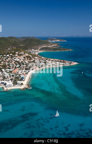 Sint Maarten, Caribbean island, independent from the Netherlands since 2010. Philipsburg. Simpson Bay and lagoon. Aerial.