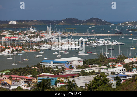 Sint Maarten, Caribbean island, independent from the Netherlands since 2010. Philipsburg. Yachts moored in Simpson Bay Lagoon.
