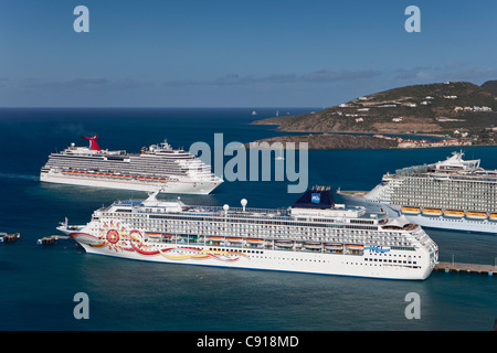 Sint Maarten, Caribbean island, Philipsburg. Cruise ships moored at passengers terminal in Great bay. Stock Photo