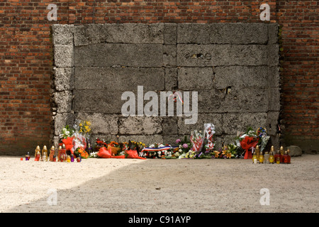 Death wall at Auschwitz 1 concentration camp next to Block 11 with floral tributes and colourful lamps and candles. Auschwitz Stock Photo