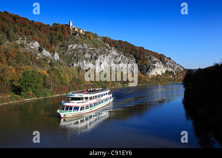 Excursion ship Randeck castle above the Altmuehltal near Essing nature park Altmuehltal Franconian Alb Franconia Bavaria Germany Stock Photo