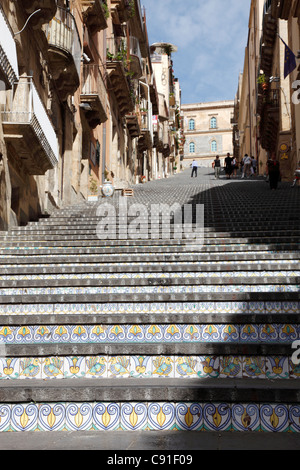 Caltagirone is a historic UNESCO world heritage site in the Val di Noto. The main landmark of the city is the 142-step Stock Photo
