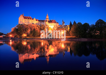 Sigmaringen castle at night, Upper Danube nature park, Danube river, Baden-Wuerttemberg, Germany Stock Photo