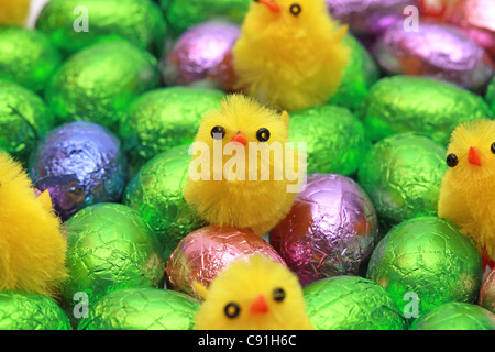 Little fake chickens on colored easter chocolate eggs Stock Photo