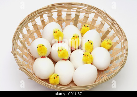 Fake easter chickens on white eggs in a basket Stock Photo
