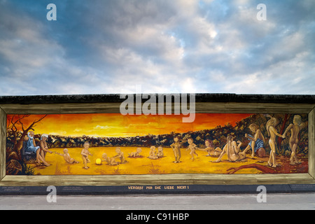 The East Side Gallery along Muehlenstrasse the longest preserved piece of Berlin Wall with 1.3 kilometres length the longest ope Stock Photo