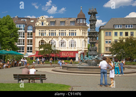 Well with column telling history Josef-Goerres-Platz (Josef-Goerres-Square) Koblenz Mosel Rhine Rhineland-Palatinate Germany Eur Stock Photo