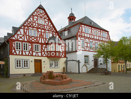 Marketplace at Kirchberg, Half-timbered house, Town-hall, Hunsrueck, Rhineland-Palatinate, Germany, Europe Stock Photo