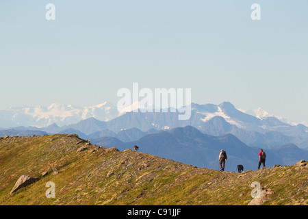 two hikers and dogs hiking on Heney Ridge Trail, Chugach National Forest near Cordova, Southcentral Alaska, Summer Stock Photo