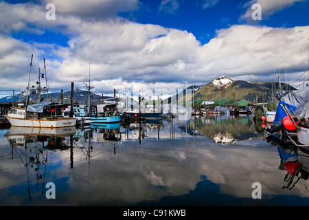 Fishing boats and Ocean Beauty Seafoods Cannery at North Harbor, Petersburg, Southeast Alaska, Summer Stock Photo