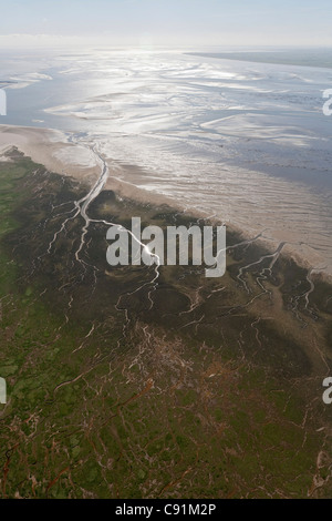 Aerial of tidal inlets in mudflats, Wadden Sea, Lower Saxony, Germany Stock Photo