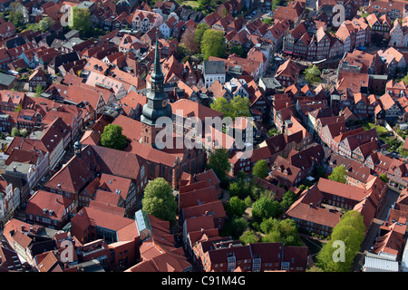 Aerial view of the historic old town in Stade and the Cosmae church half-timbered houses and narrow streets Lower Saxony Germany Stock Photo