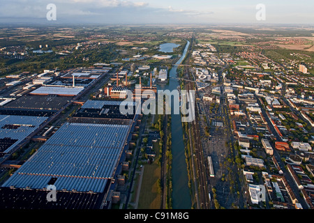 Aerial view of the power plant and factory at VW Autostadt Wolfsburg, Mittelland Canal, Lower Saxony, Germany Stock Photo