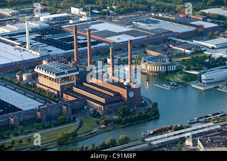 Aerial view of a power plant and VW Autostadt Wolfsburg, Lower Saxony, Germany Stock Photo