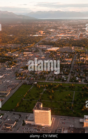 Aerial late evening view of Anchorage, looking south from downtown toward the Turnagain Arm, Southcentral Alaska, Summer Stock Photo