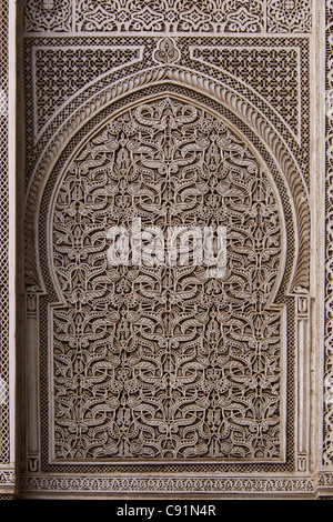 Stone carving in the Bou Inania Madrasa in Meknes, Morocco. Stock Photo