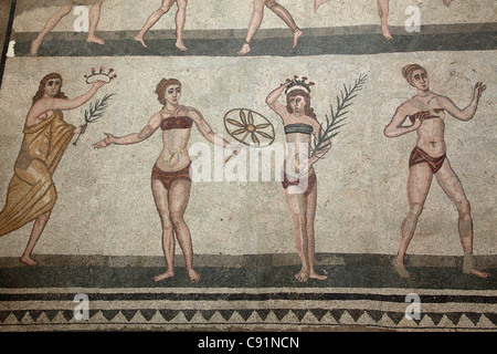 In the Villa Romano there are 4th century Roman mosaics displaying scenes from Roman life on the island of Sicily. Stock Photo