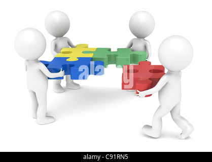 3d little human character X4 The Team solving a jigsaw puzzle. Stock Photo