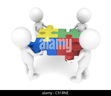 3d little human character X4, The Team, each one holding a piece. Stock Photo