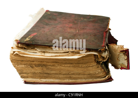 Fragmented old worn book with red cover. White isolated Stock Photo
