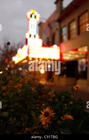 Bloomington Indiana Buskirk Chumley Theatre theater downtown night evening travel neon sign lights Stock Photo