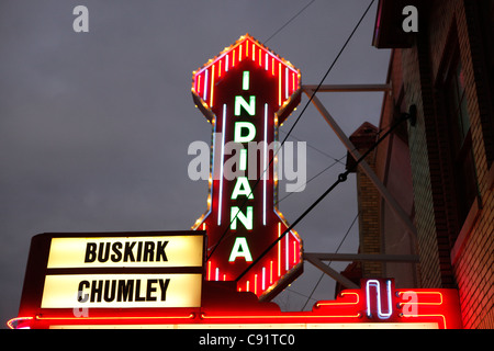 Bloomington Indiana Buskirk Chumley Theatre theater downtown night evening travel neon sign lights Stock Photo