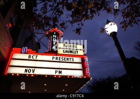 Bloomington Indiana Buskirk Chumley Theatre theater downtown night evening travel neon sign lights Stock Photo