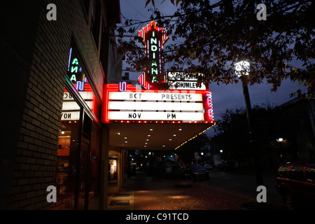 Bloomington Indiana Buskirk Chumley Theatre theater downtown night evening travel neon sign lights Stock Photo