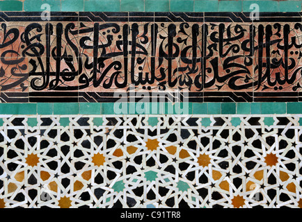 Zellige tilework in the Bou Inania Madrasa in Fes, Morocco. Stock Photo