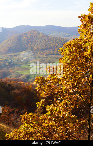View of hills and a small village in autumn. Stock Photo