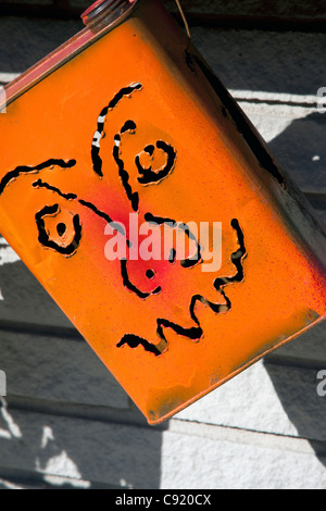 Halloween artwork, 'pumpkin' made from metal container or can USA Stock Photo