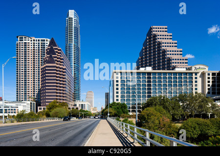 View of the downtown skyline from the bridge over Lady Bird Lake on the Colorado River, Congress Avenue, Austin, Texas, USA Stock Photo
