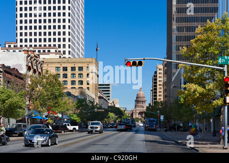View down Congress Avenue towasrds the State Capitol Building in historic downtown Austin, Texas, USA Stock Photo