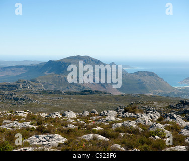 The view from the back of Table Mountain in Cape Town overlook Silvermine Pass and the mountains and cliffs of Chapman's Peak Stock Photo