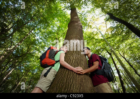 young man and woman during hiking excursion, hugging tree and holding hands. Horizontal shape, low angle view, waist up Stock Photo