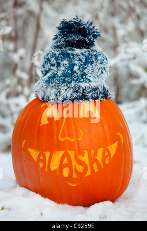 Close up of a carved pumpkin with the word Alaska carved as teeth in a snowy scene and wearing a knit stocking cap, Alaska Stock Photo