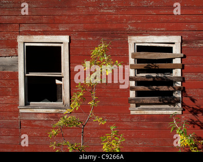 Close up of boarded windows on a mine building, Kennecott, Wrangell-St. Elias National Park , Alaska Stock Photo