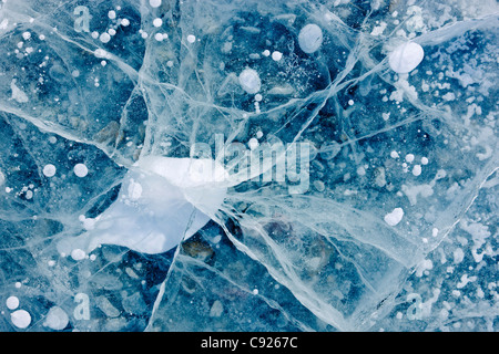 Close up of cracks in the ice of Nenana River near Denali National Park, Southcentral Alaska, Winter Stock Photo