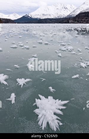 Close up of ice hoar frost crystals on the frozen Lower Trail Lake with snowcovered Kenai Mountains in the background, Alaska Stock Photo