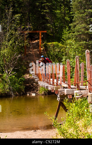 A father and son hiking across a suspension bridge that crosses Byers Creek on the Byers Lake Trail in Denali State Park, Alaska Stock Photo