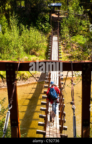 A father and son hiking across a suspension bridge that crosses Byers Creek on the Byers Lake Trail in Denali State Park, Alaska Stock Photo