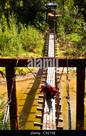 A father and son hiking across a suspension bridge that crosses Byers Creek on the Byers Lake Trail in Denali State Park, Alaska Stock Photo