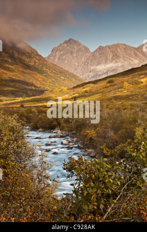 Scenic view of the Little Susitna River flowing down the valley in the Hatcher Pass State Recreation Area, Alaska Stock Photo