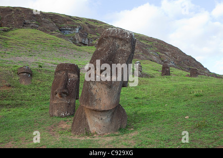 Chile, Easter Island (Rapa Nui), Rano Raraku, Moai heads Stock Photo